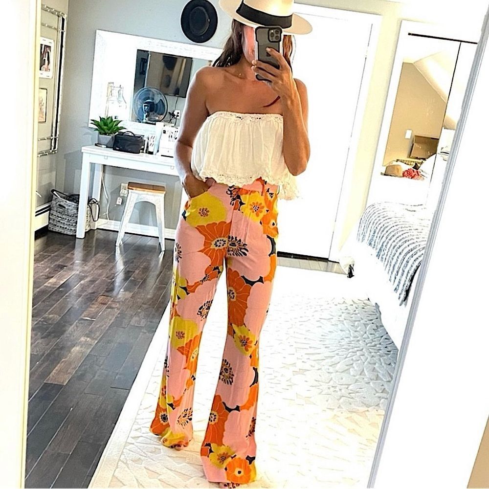 Zara Pants Multicolor Floral Print Wide Leg High Waist Trousers Size S - Picture 8 of 14